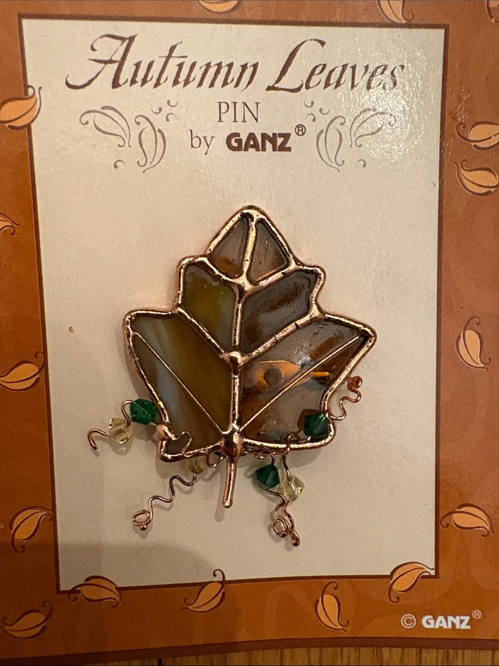 GANZ Autumn Leaves Enamel Pins in Rust & Cream with Green Accents